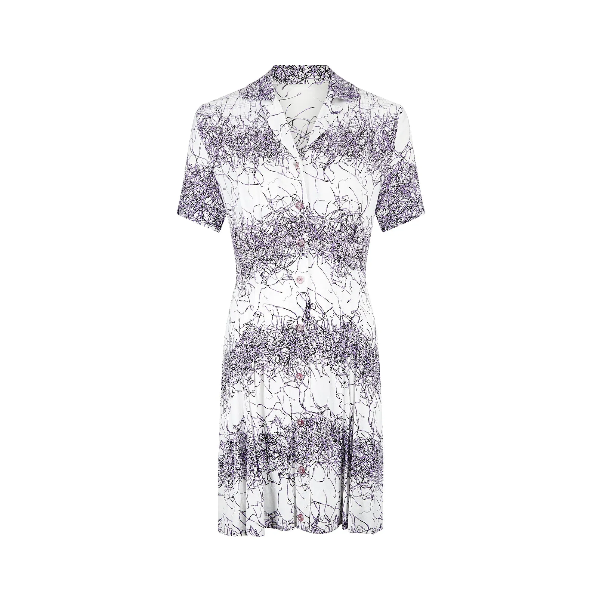 1940s White and Purple Rayon Floral Print Shirtwaister Dress