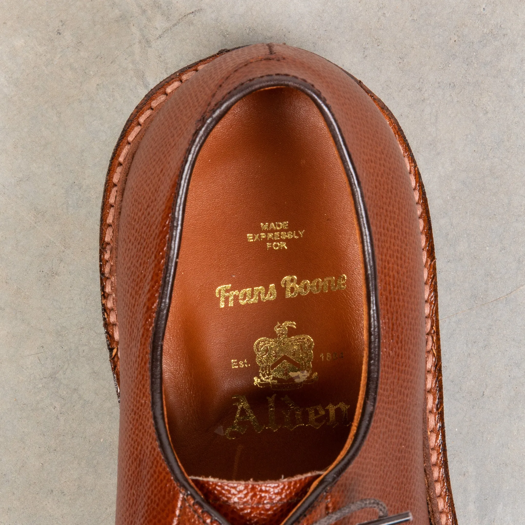 Alden plain toe blucher dark brown grained leather on crepe