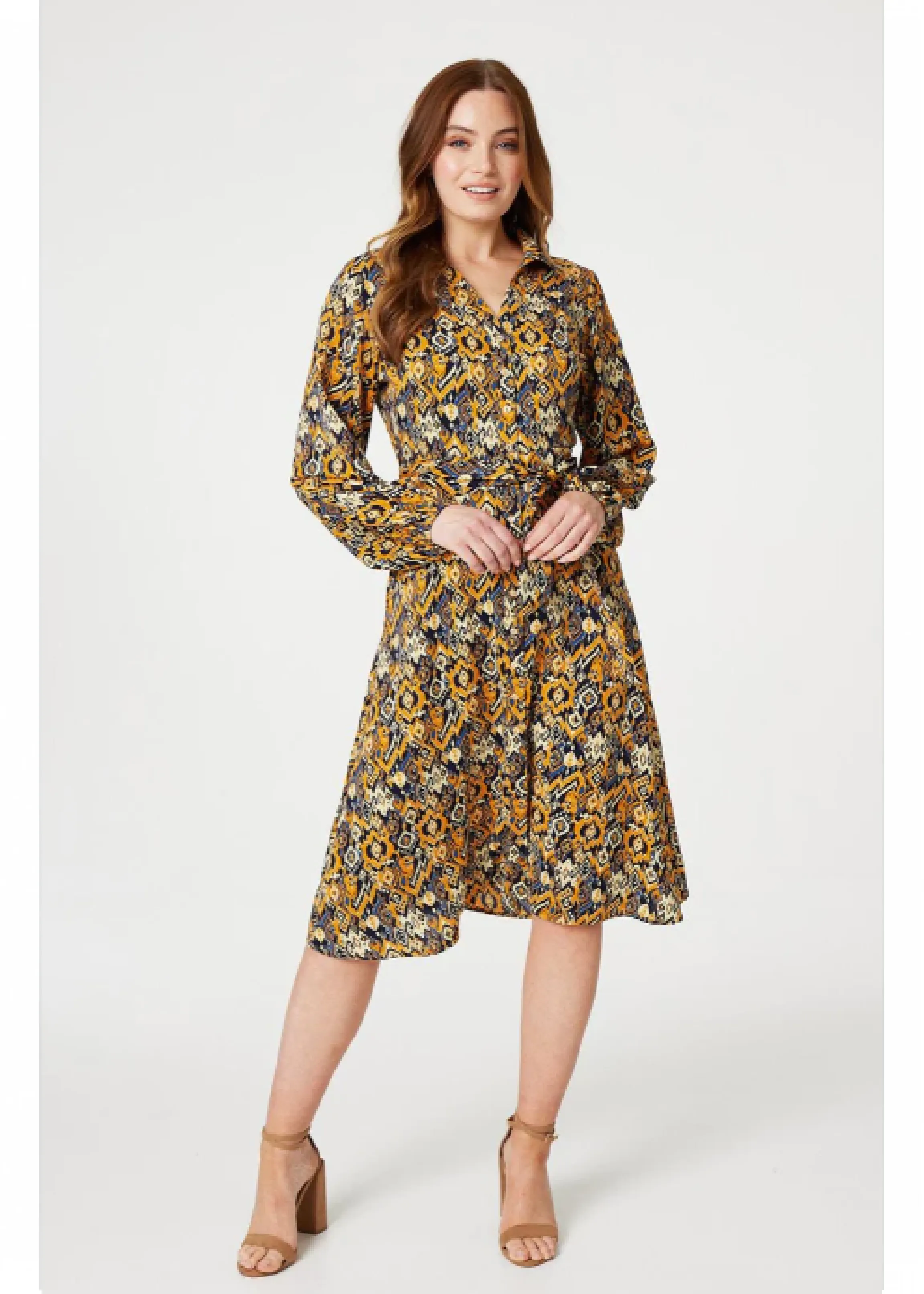 Benedicta Mustard Ikat Print Shirt Dress