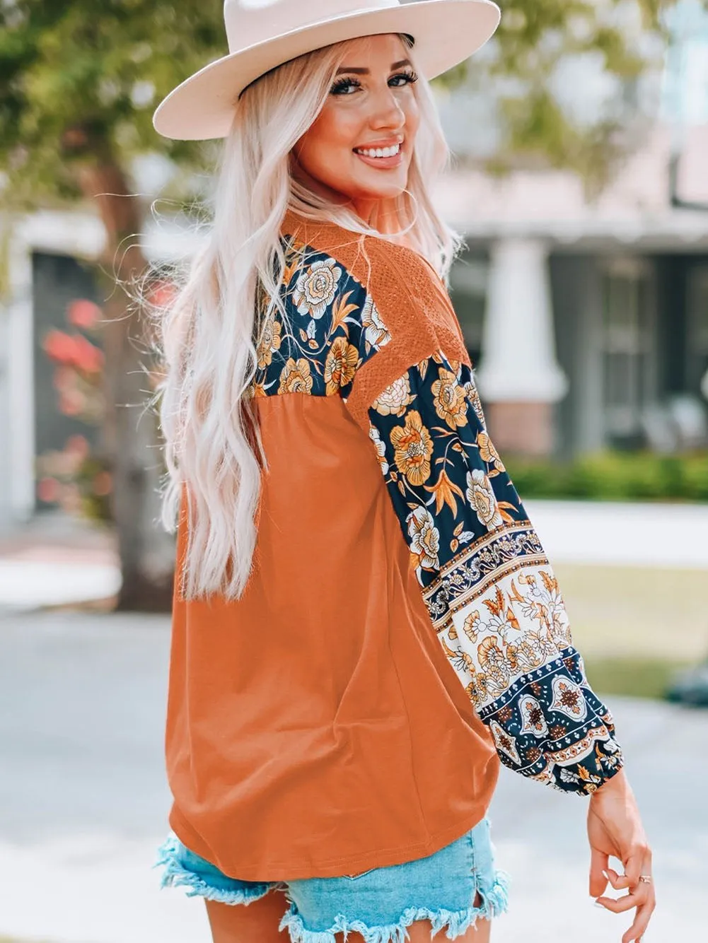 Bohemian Brown Floral Lace Detail Balloon Sleeve Top