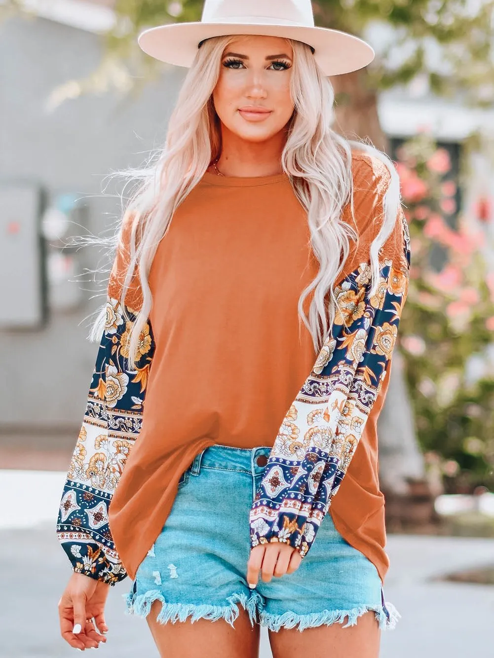 Bohemian Brown Floral Lace Detail Balloon Sleeve Top