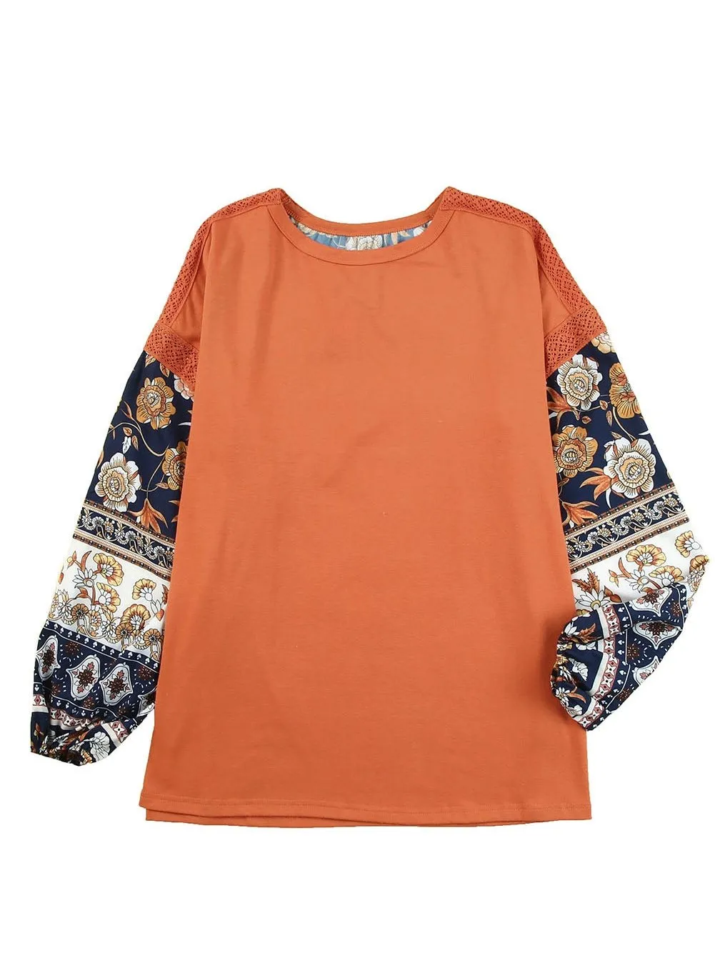 Bohemian Brown Floral Lace Detail Balloon Sleeve Top