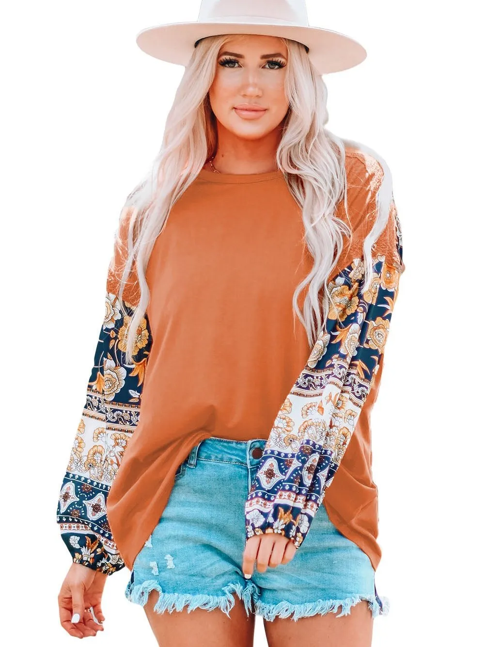 Bohemian Brown Floral Lace Detail Balloon Sleeve Top