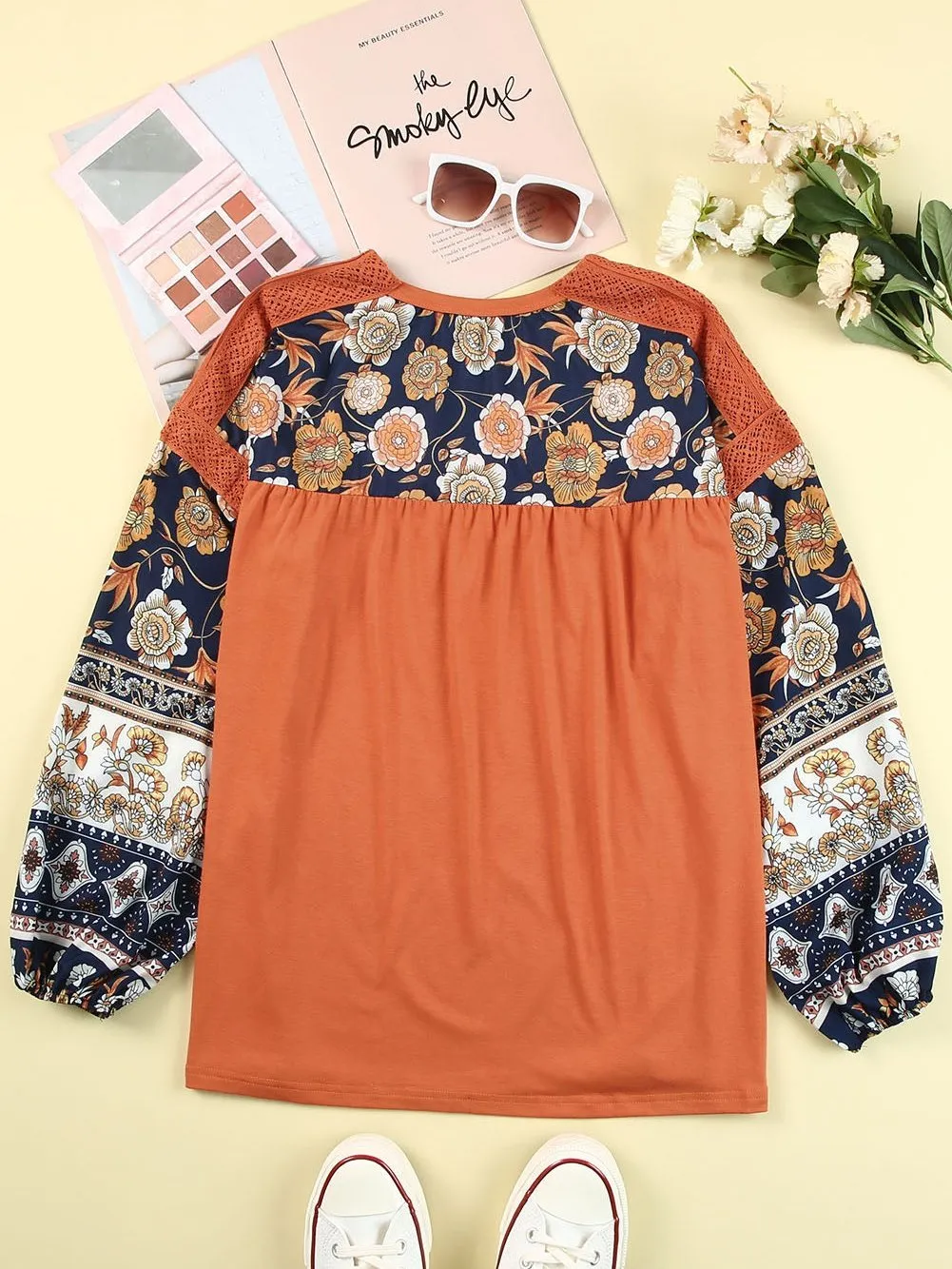 Bohemian Brown Floral Lace Detail Balloon Sleeve Top