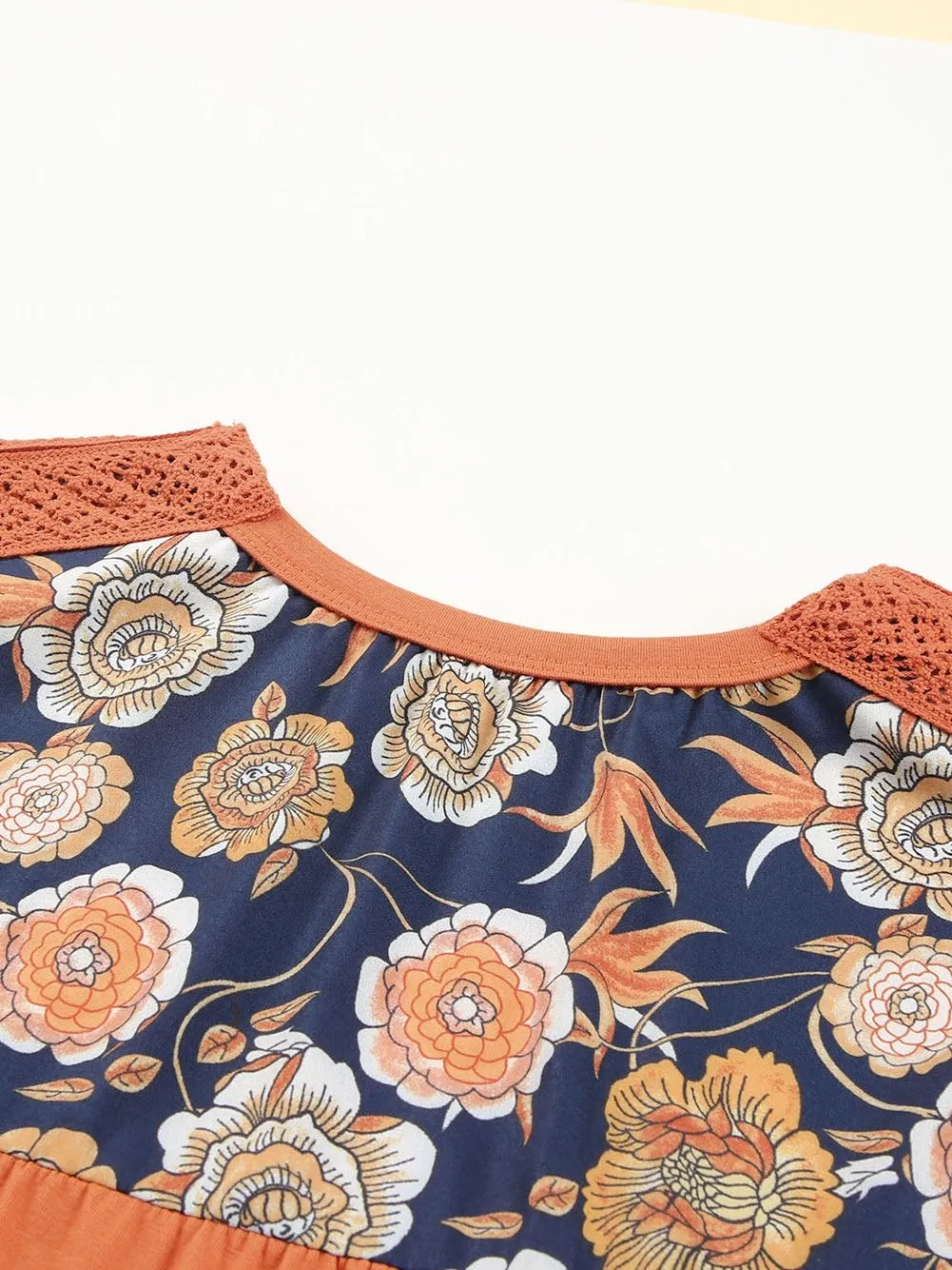 Bohemian Brown Floral Lace Detail Balloon Sleeve Top