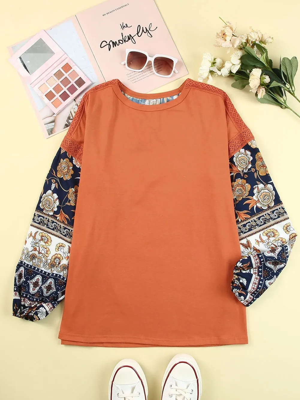 Bohemian Brown Floral Lace Detail Balloon Sleeve Top