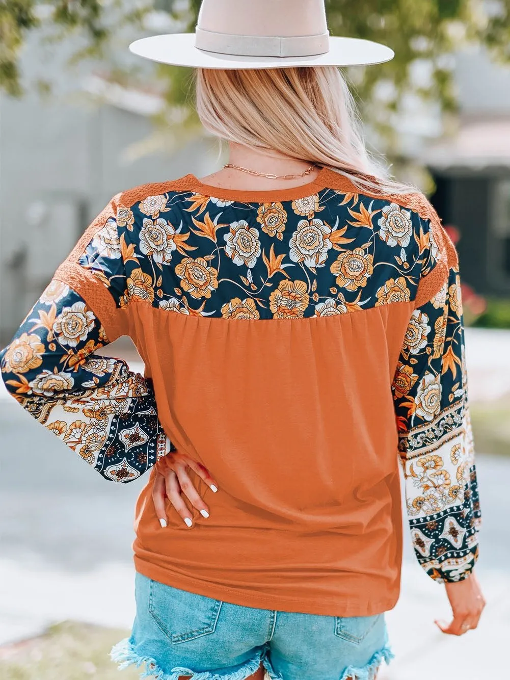 Bohemian Brown Floral Lace Detail Balloon Sleeve Top