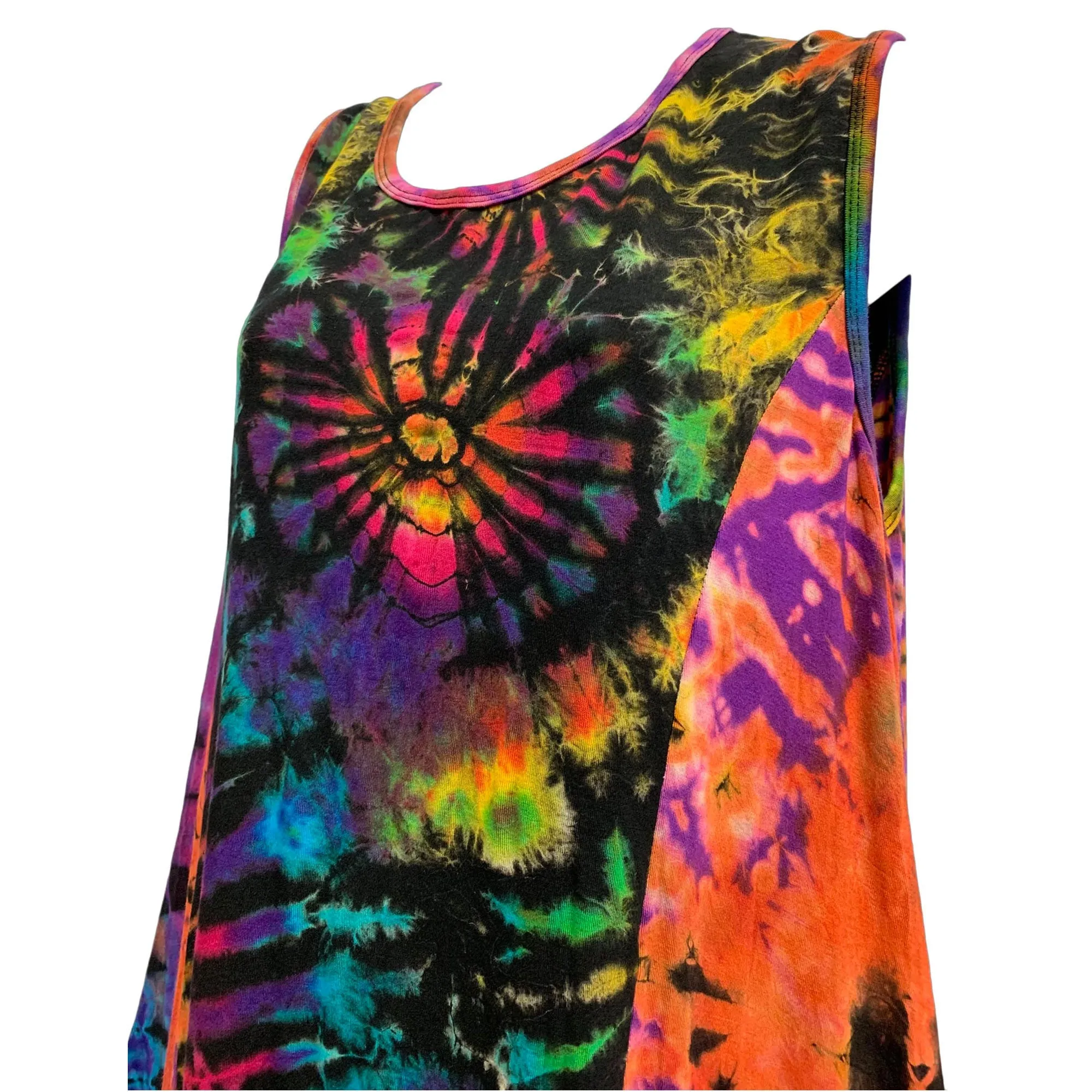 Boho Tie-Dye Patchwork Sharkbite Hem Spandex Cami Tank Tunic Mini Dress