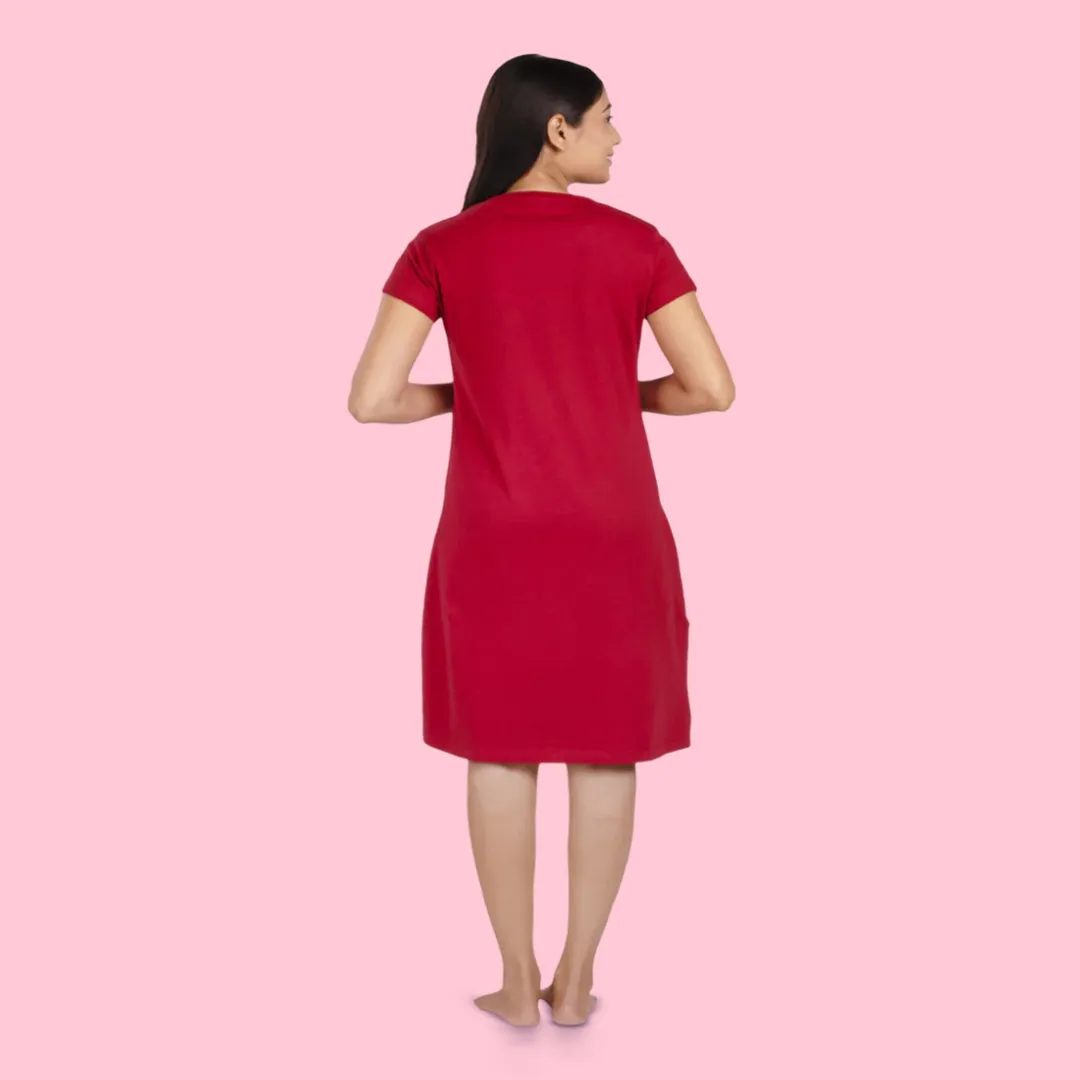 Cotton Knee Length Short Nighty - Maroon