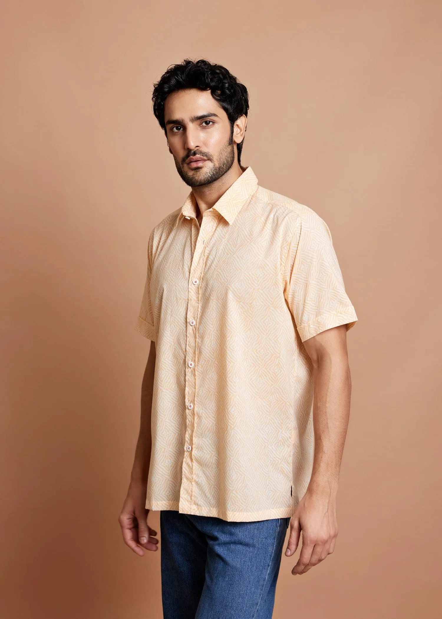 Crème & Orange Regular Cotton Half Sleeve Shirt
