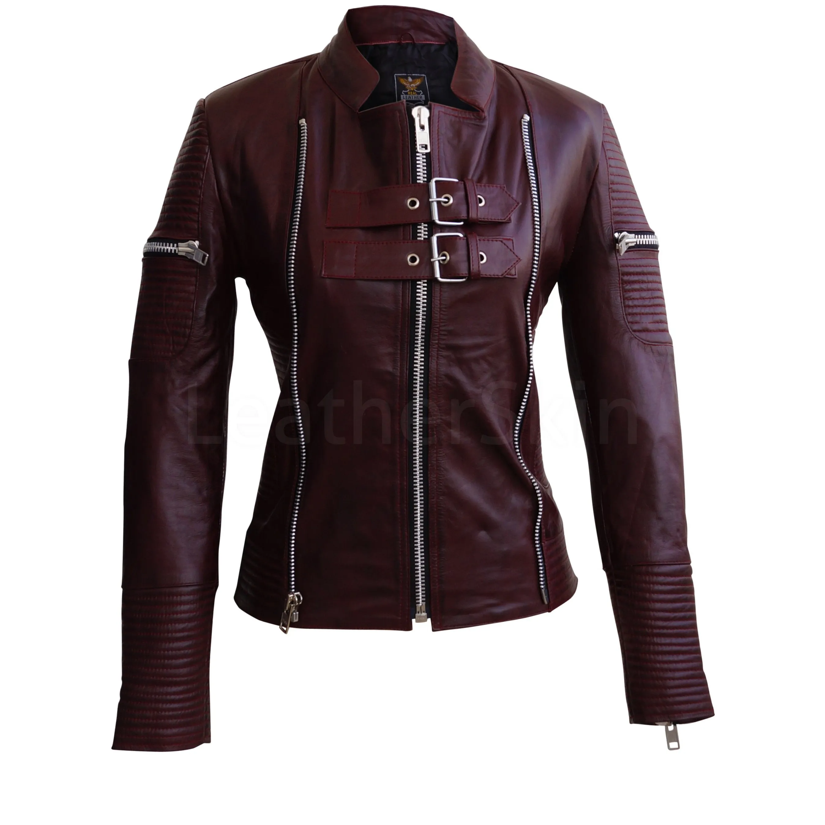 Distressed Maroon Red Sheep Skin Rib Quilted Genuine Leather Jacket