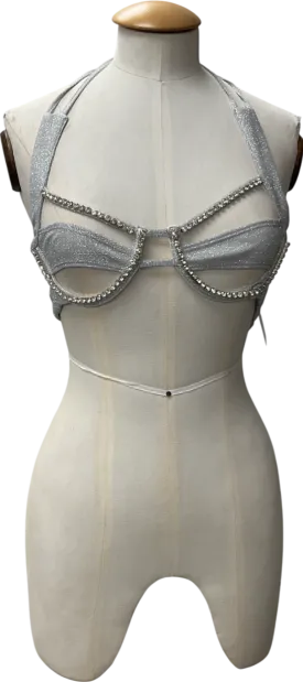 finesse Metallic Silver diamante embellished Bra UK XS