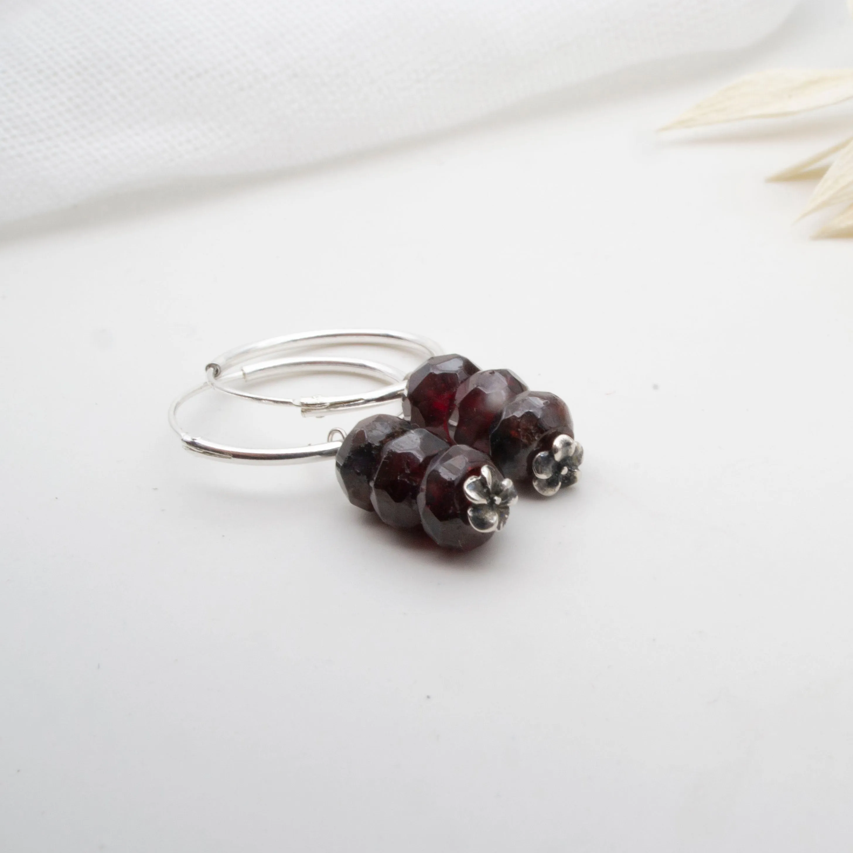Garnet rondelle dangle hoop earrings