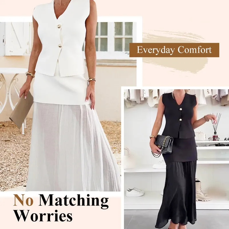 Knitted Vest & Patchwork Midi Skirt 2-Piece Set