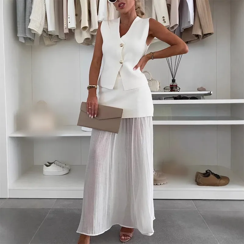 Knitted Vest & Patchwork Midi Skirt 2-Piece Set