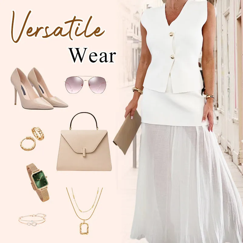 Knitted Vest & Patchwork Midi Skirt 2-Piece Set