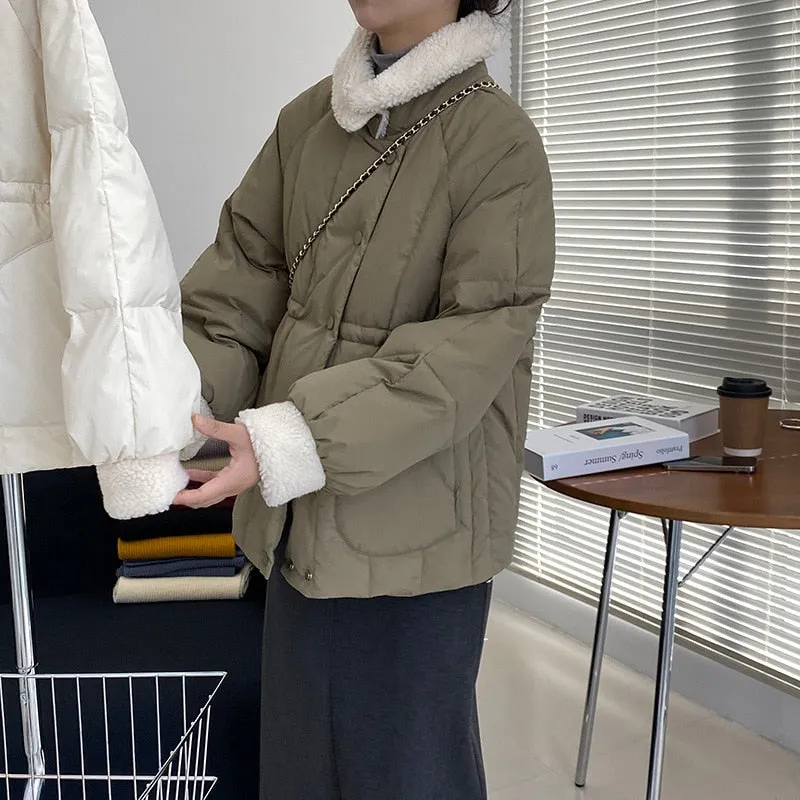 [Korean Style] Faux Shearling Collar Drawstring Cinched Waist Quilted Jacket