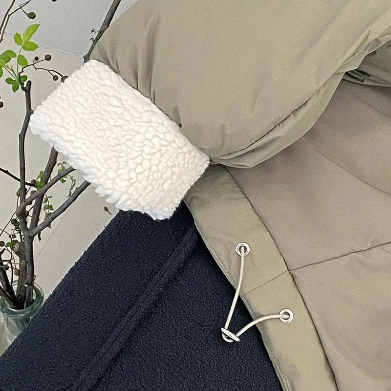 [Korean Style] Faux Shearling Collar Drawstring Cinched Waist Quilted Jacket