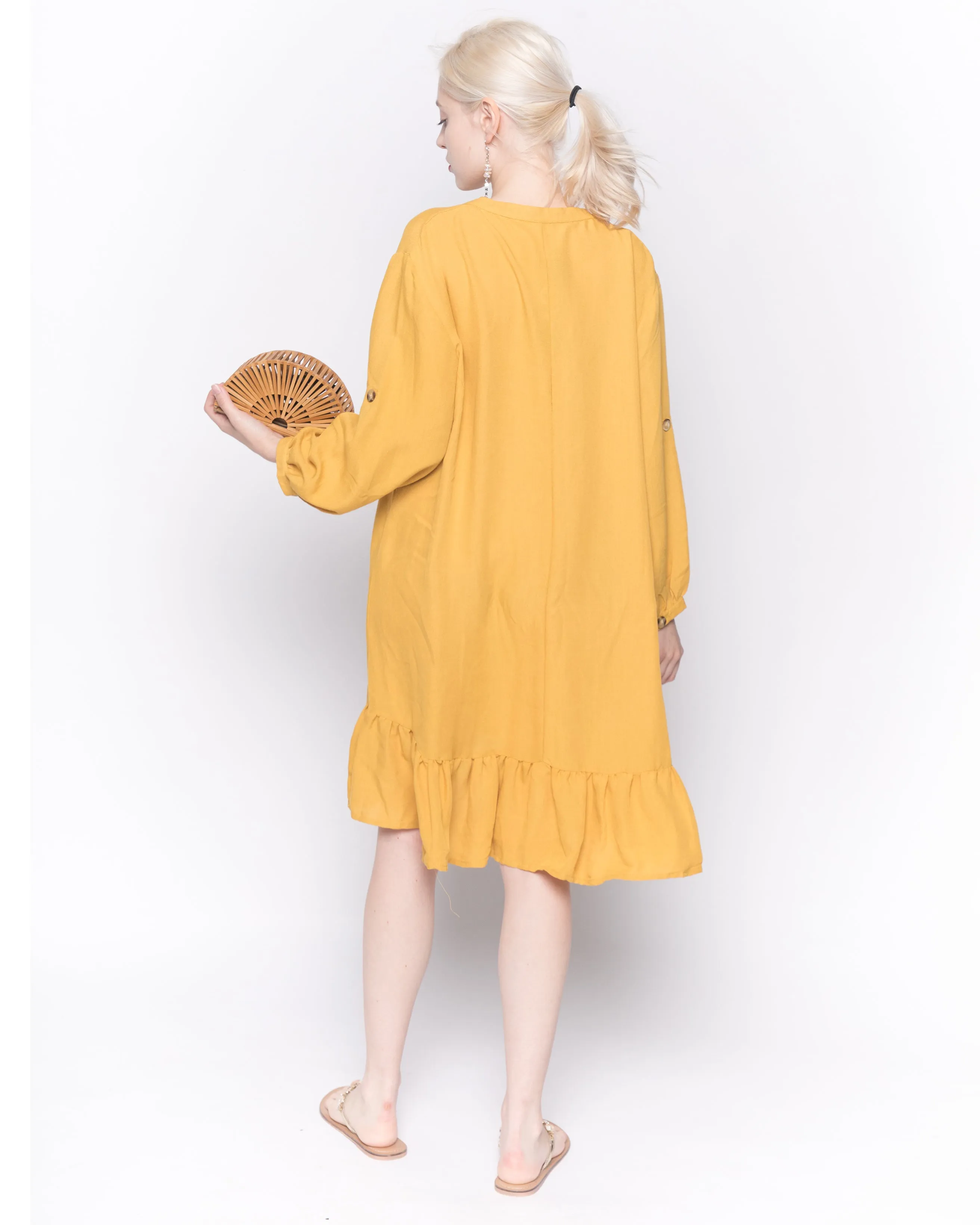 Long Sleeve Oversized Linen Shirt Dress in Mustard Yellow