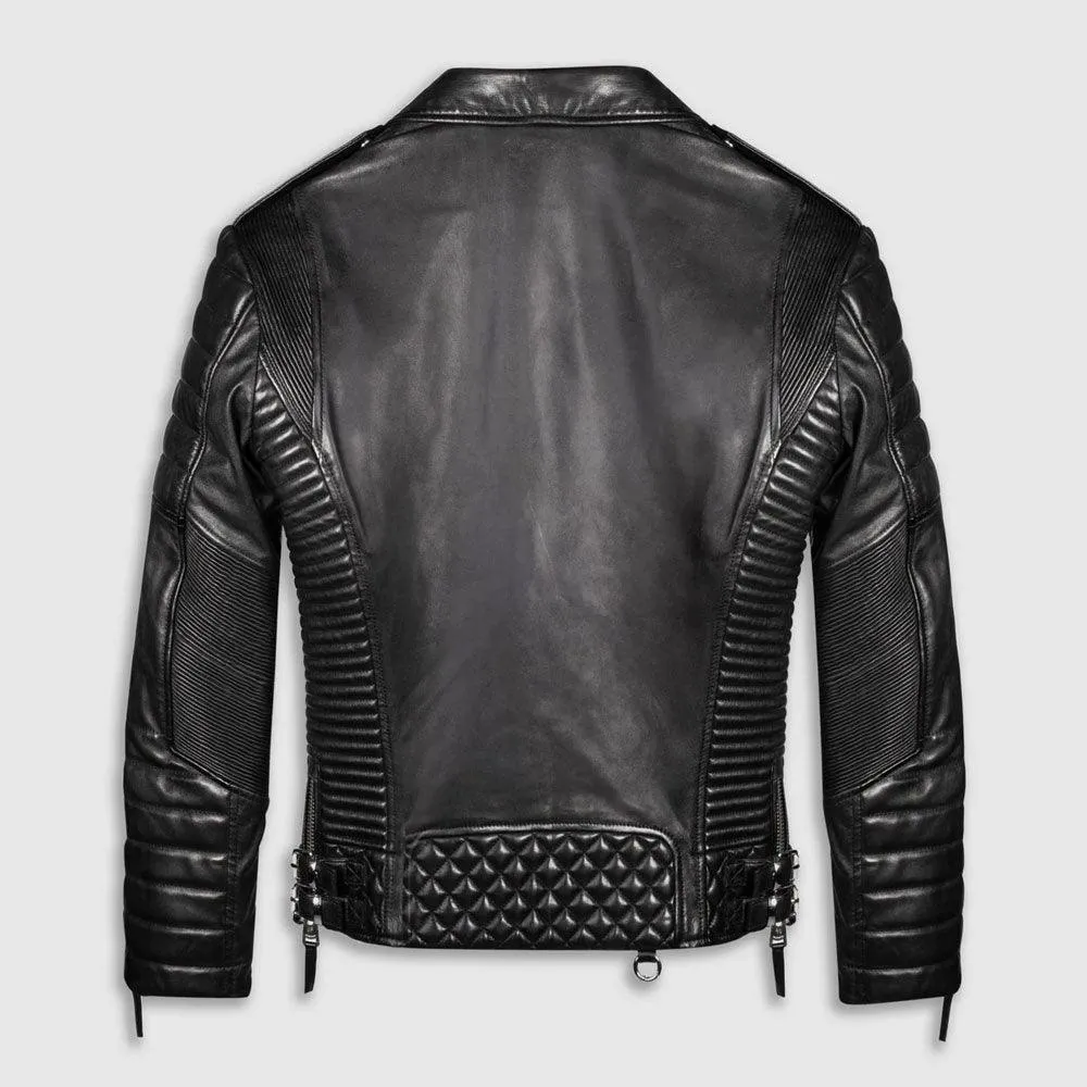 Men's Black Biker Leather Jacket Quilted Style