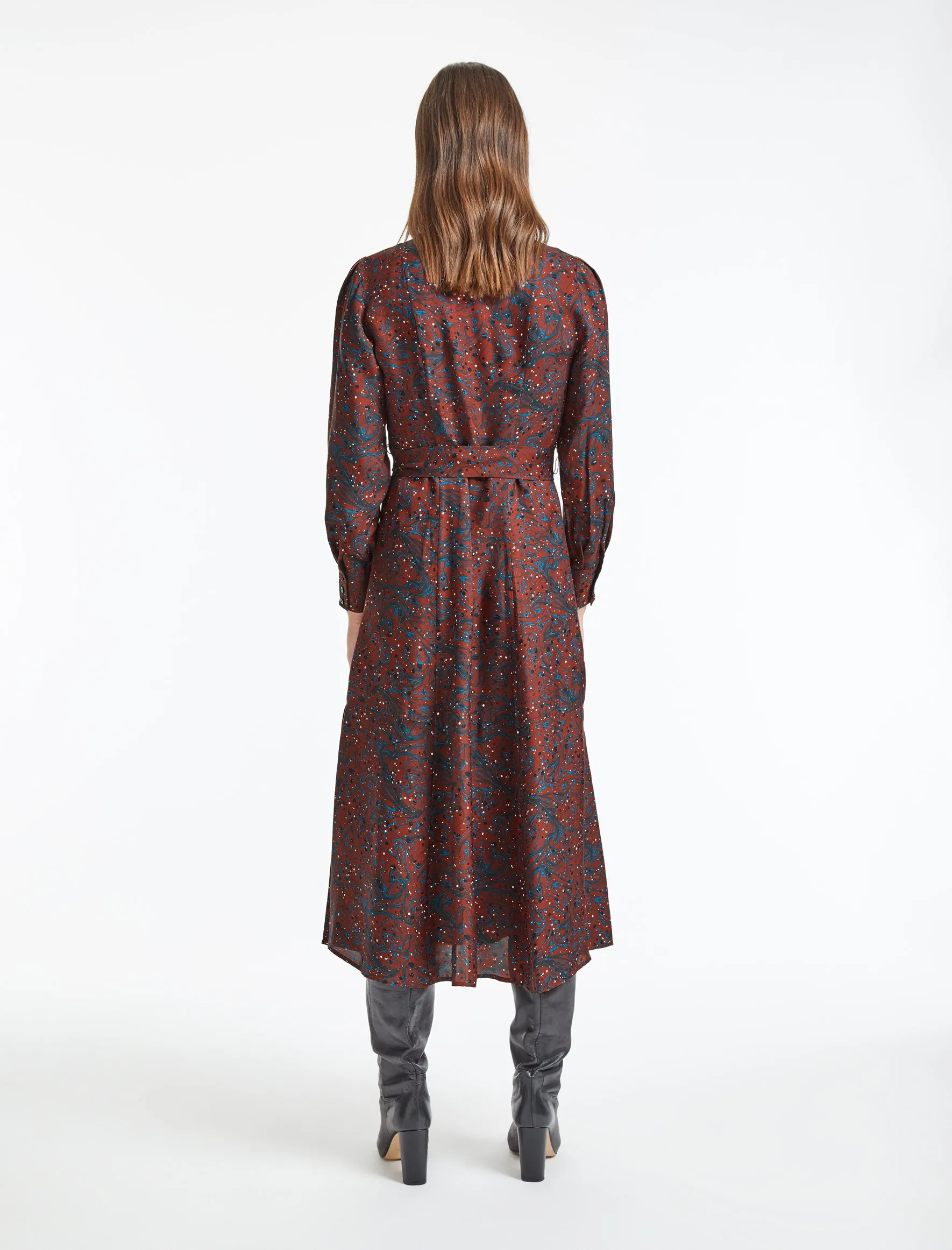 Millie Collared Long Sleeve Maxi Shirt Dress - Rust Marble Print