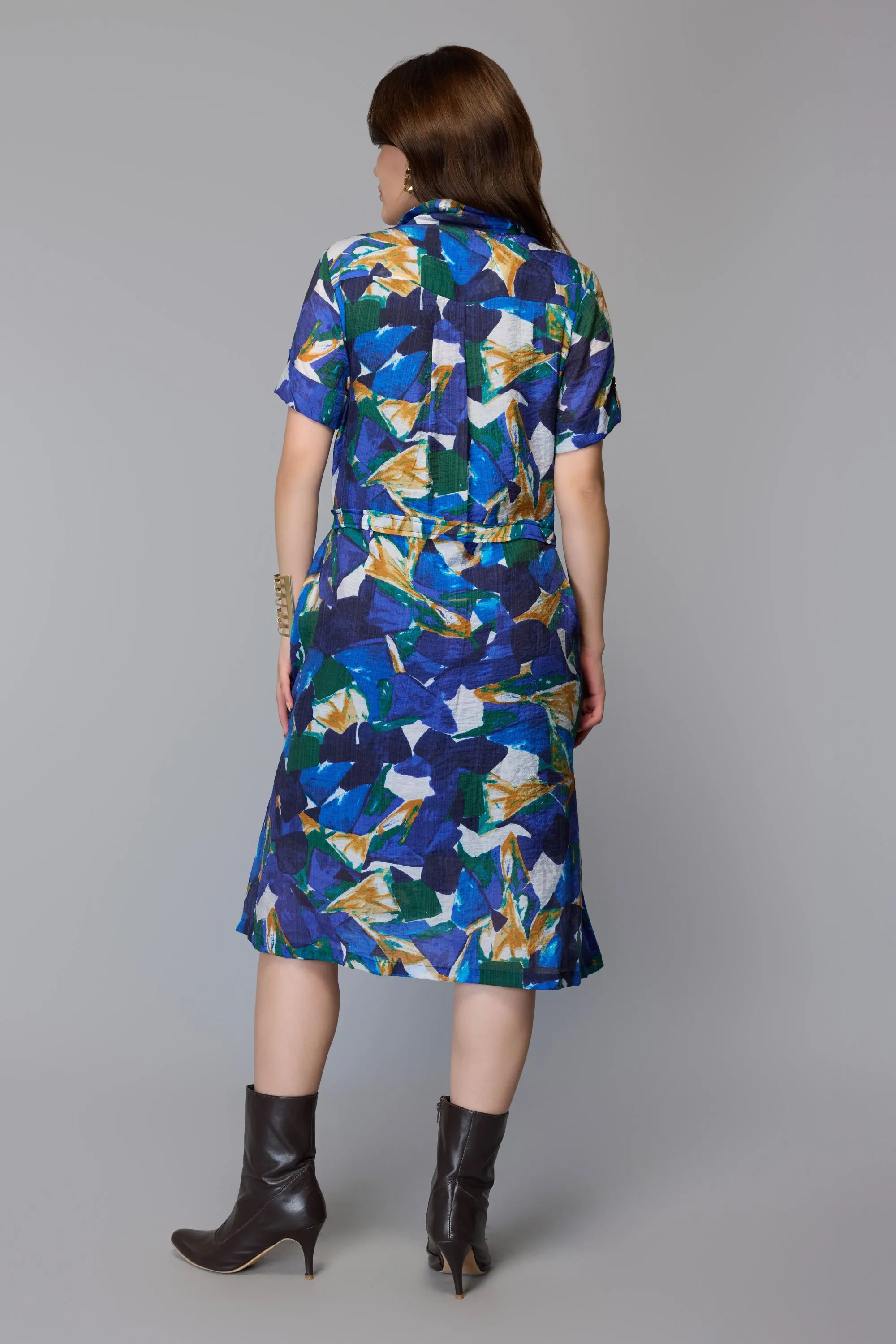 Multicolor Abstract Print Shirt Dress with Belted Waist
