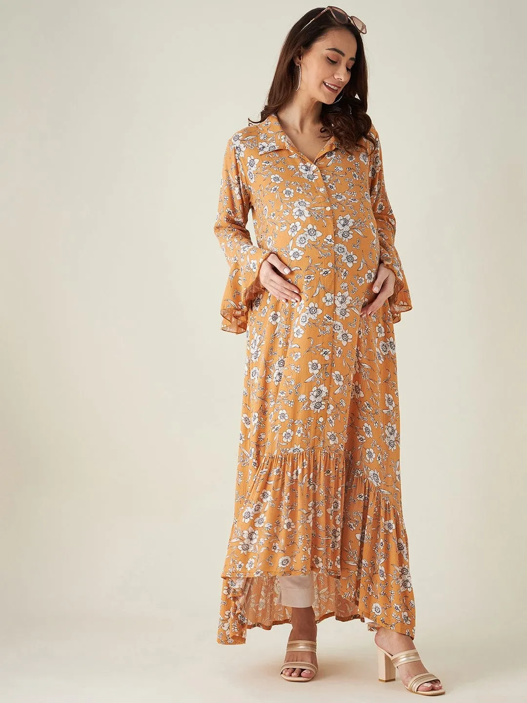 Mustard Floral Print Maternity dress