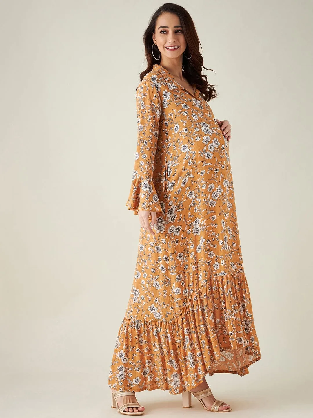 Mustard Floral Print Maternity dress