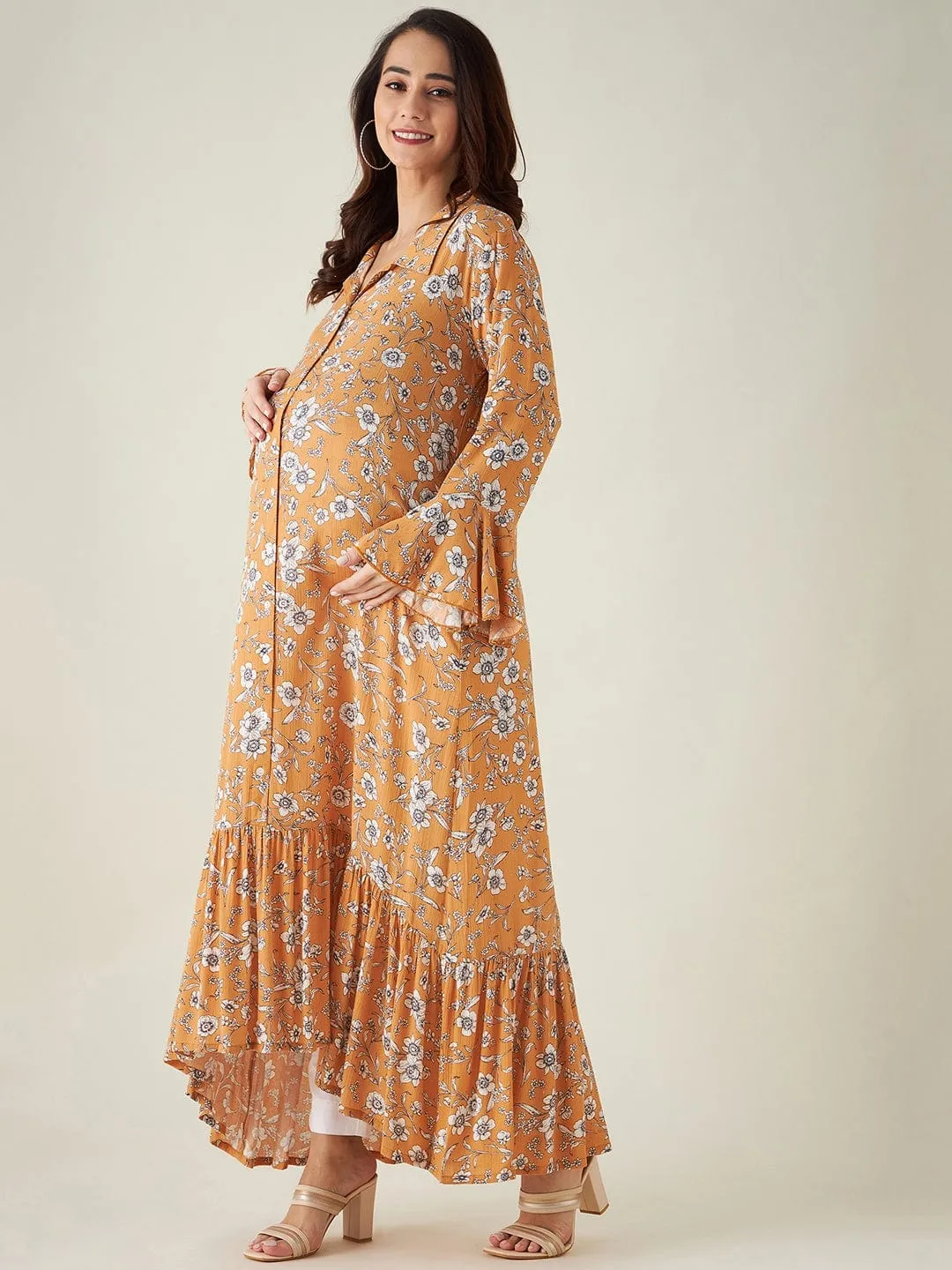Mustard Floral Print Maternity dress