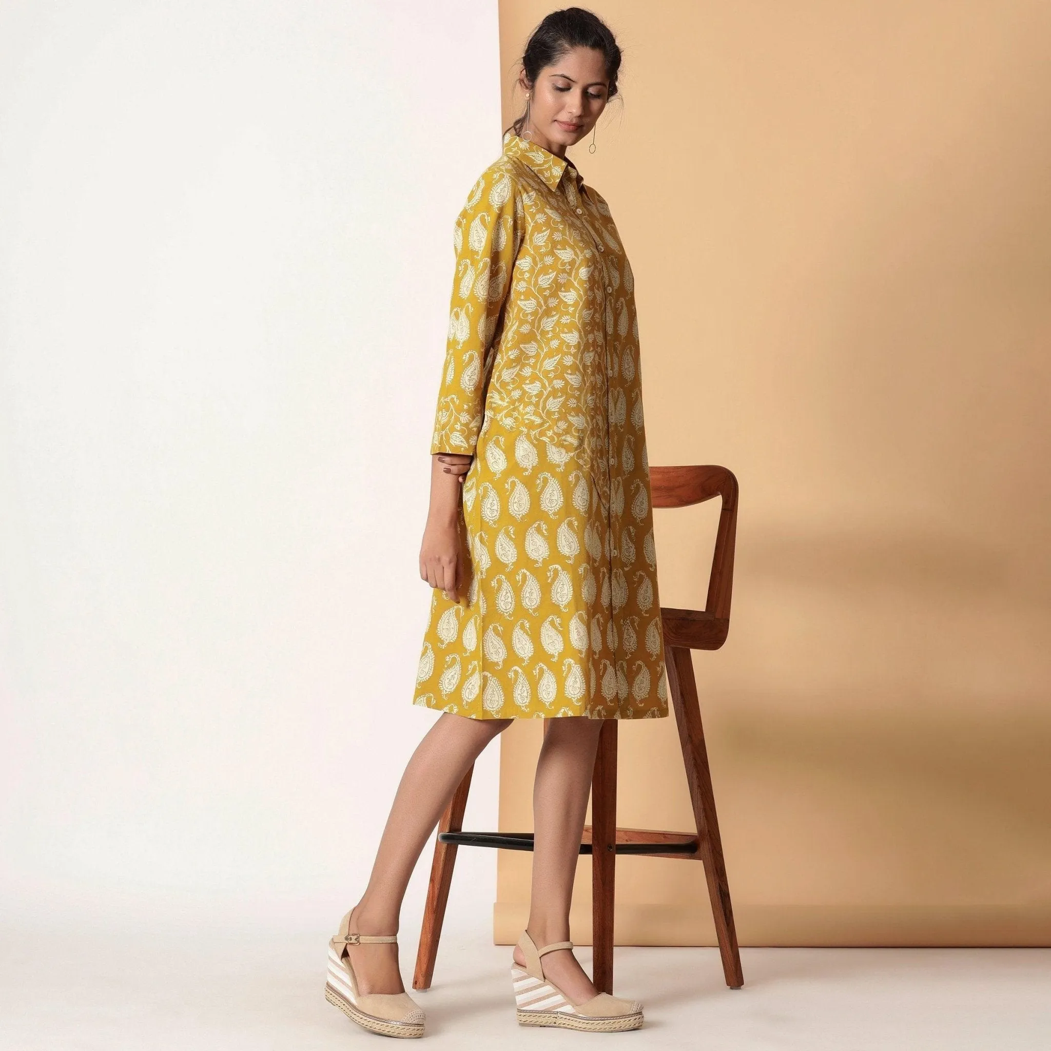Mustard Paisley Block Printed Cotton Knee Length Shirt Dress