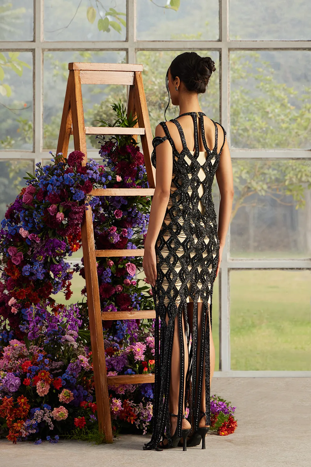 Onyx Helix Bead-Knit Fringe Dress
