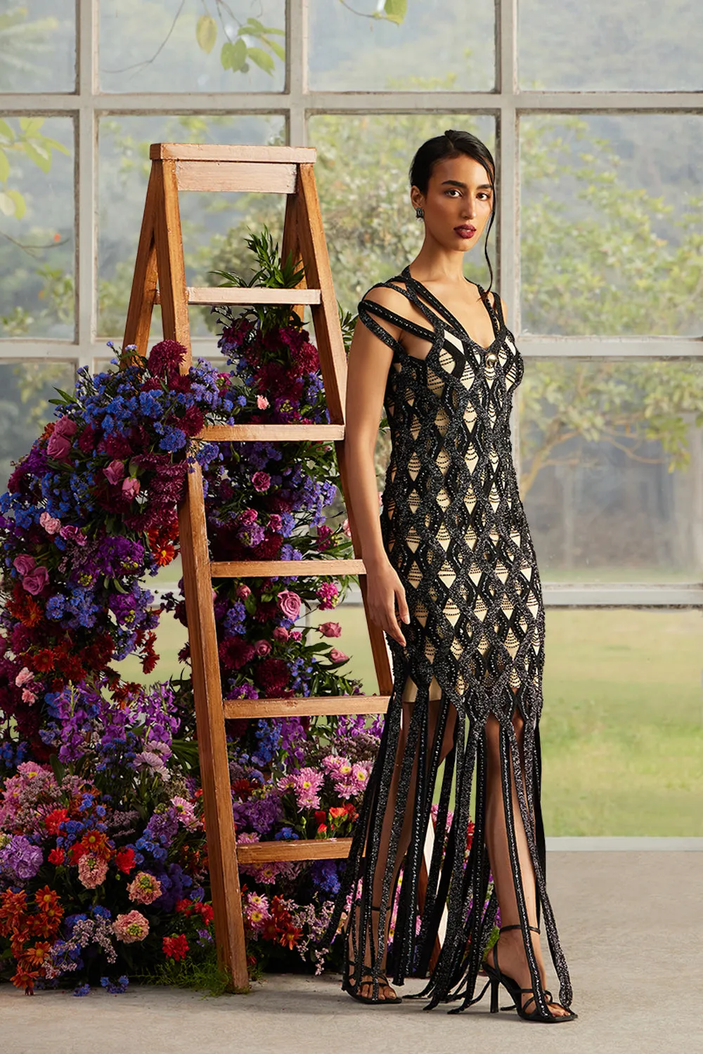 Onyx Helix Bead-Knit Fringe Dress