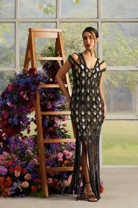 Onyx Helix Bead-Knit Fringe Dress