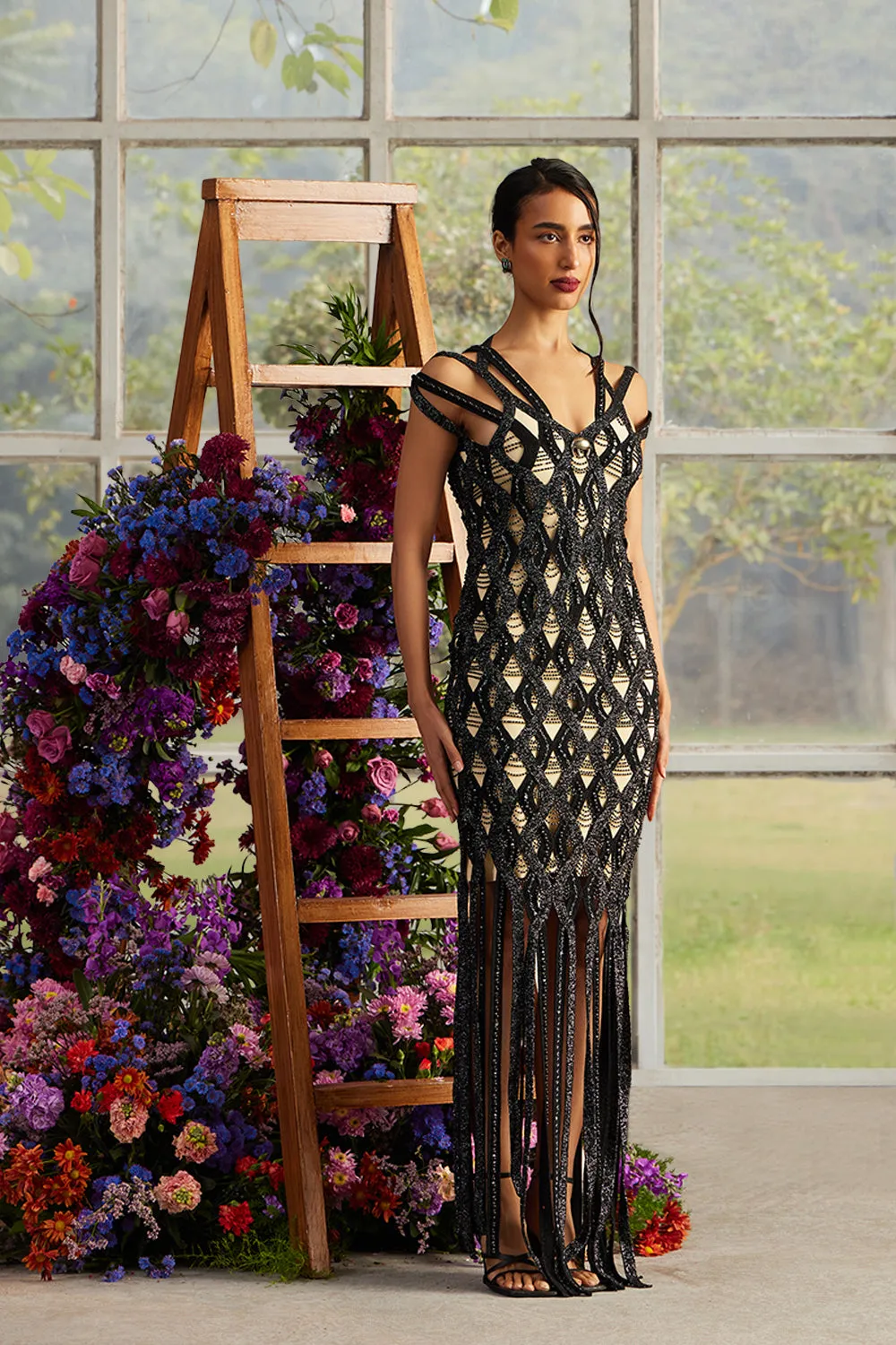 Onyx Helix Bead-Knit Fringe Dress