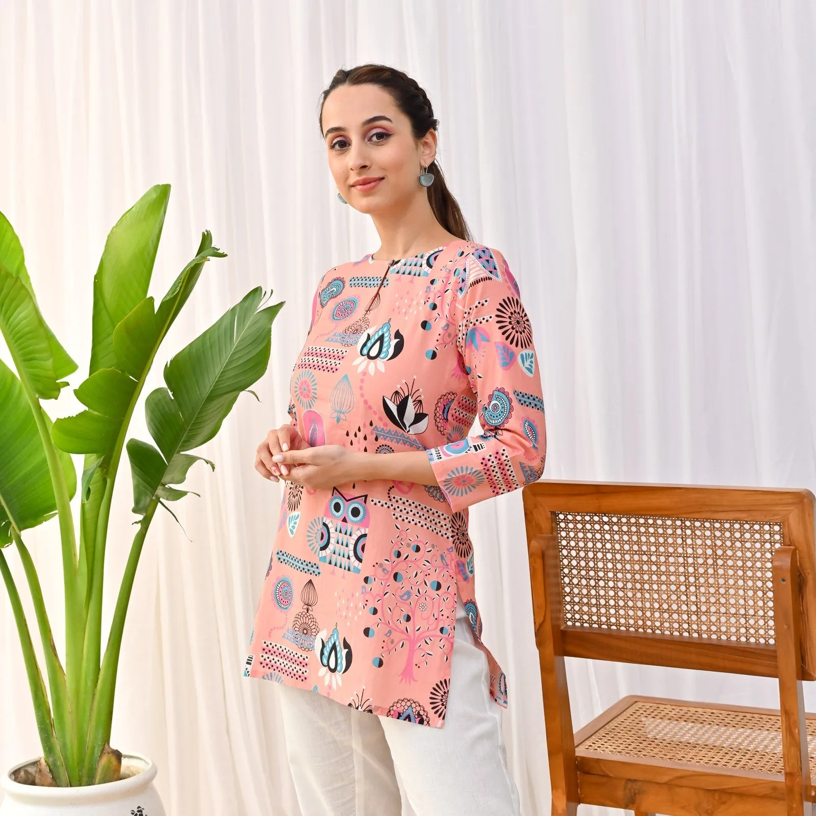 Peach Cotton Owl Printed Ethnic Tunic Top
