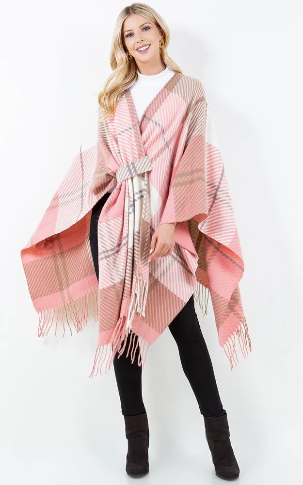 SH4311 PLAID PATTERN KIMONO WITH KEY HOLE