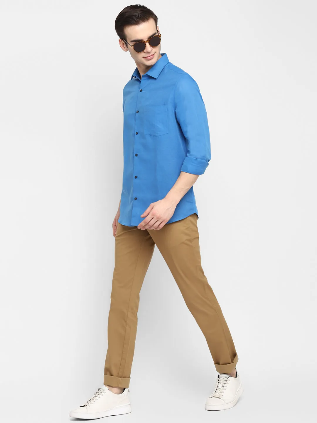 Solid Blue Slim Fit Causal Shirt