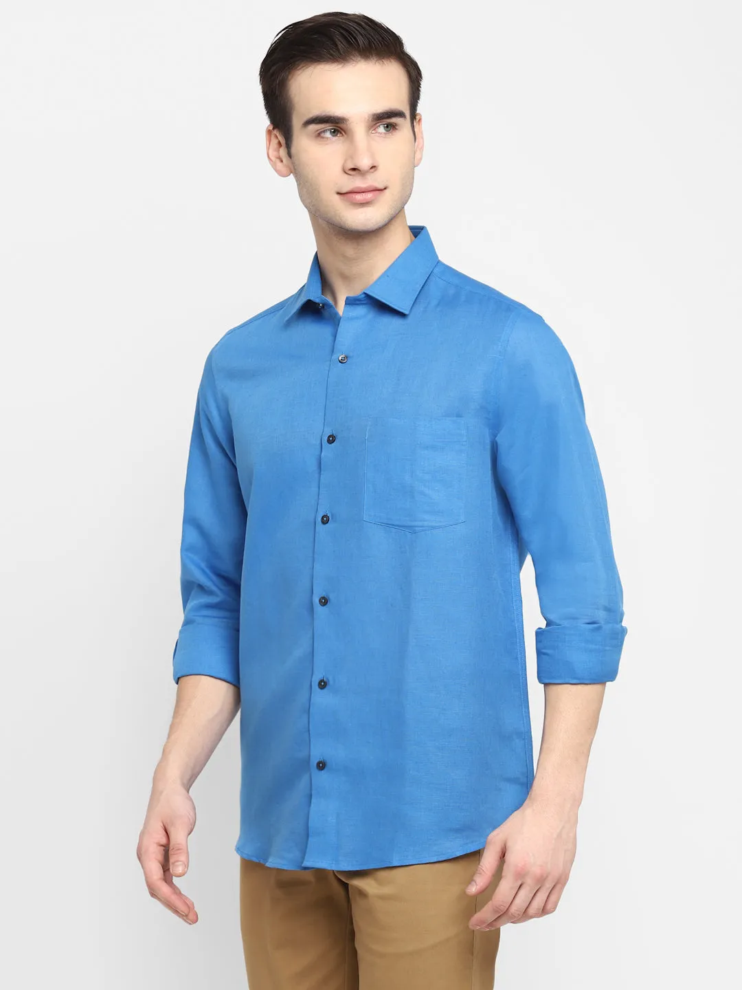 Solid Blue Slim Fit Causal Shirt
