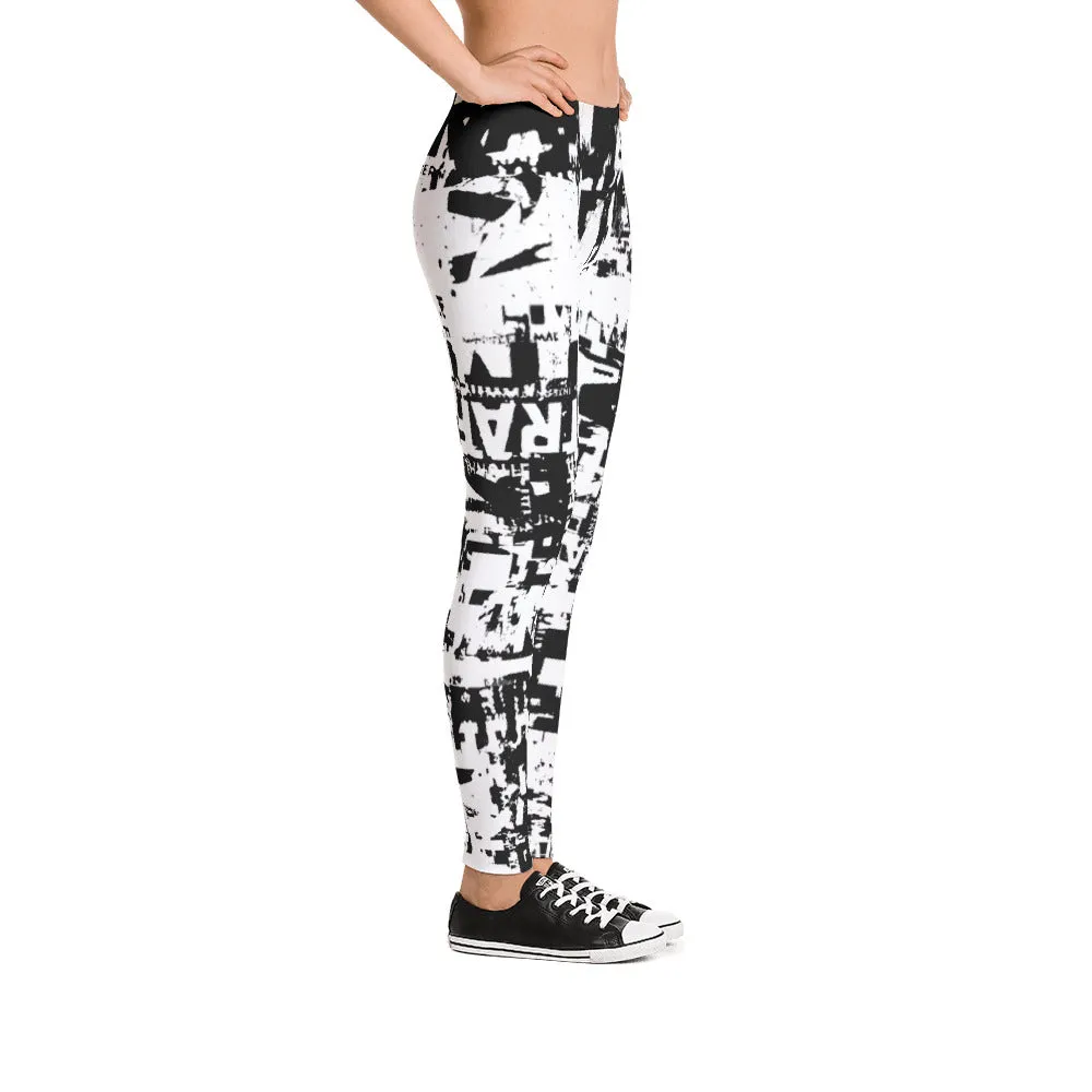 Traffic Jam Grunge Print Black and White Leggings