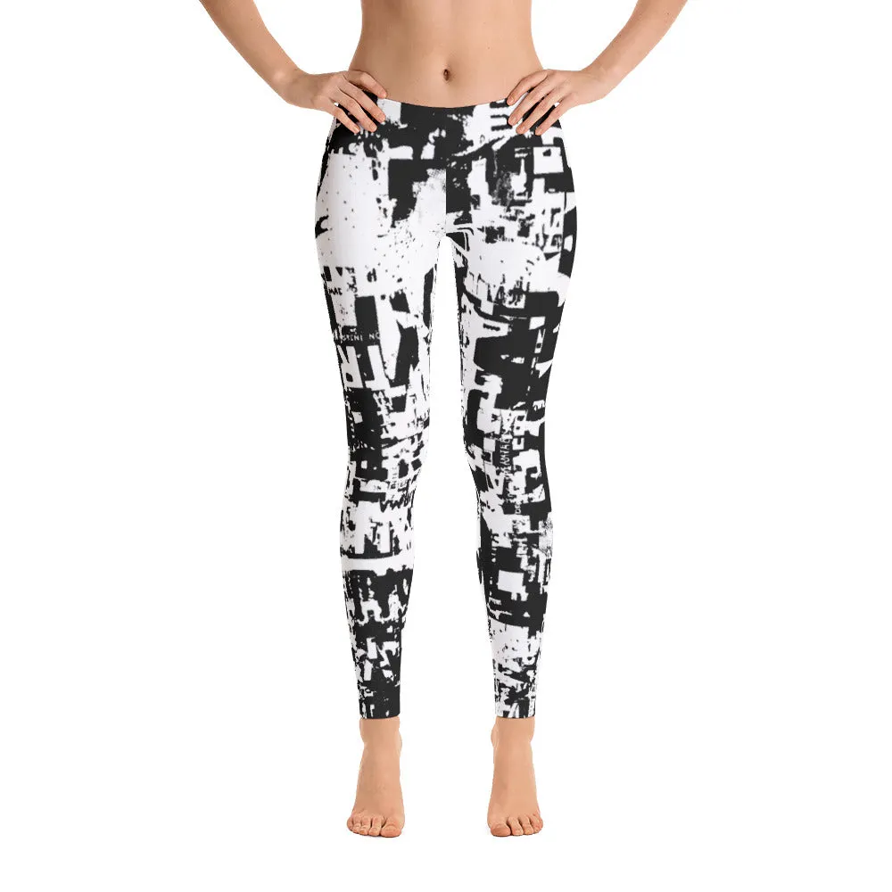 Traffic Jam Grunge Print Black and White Leggings