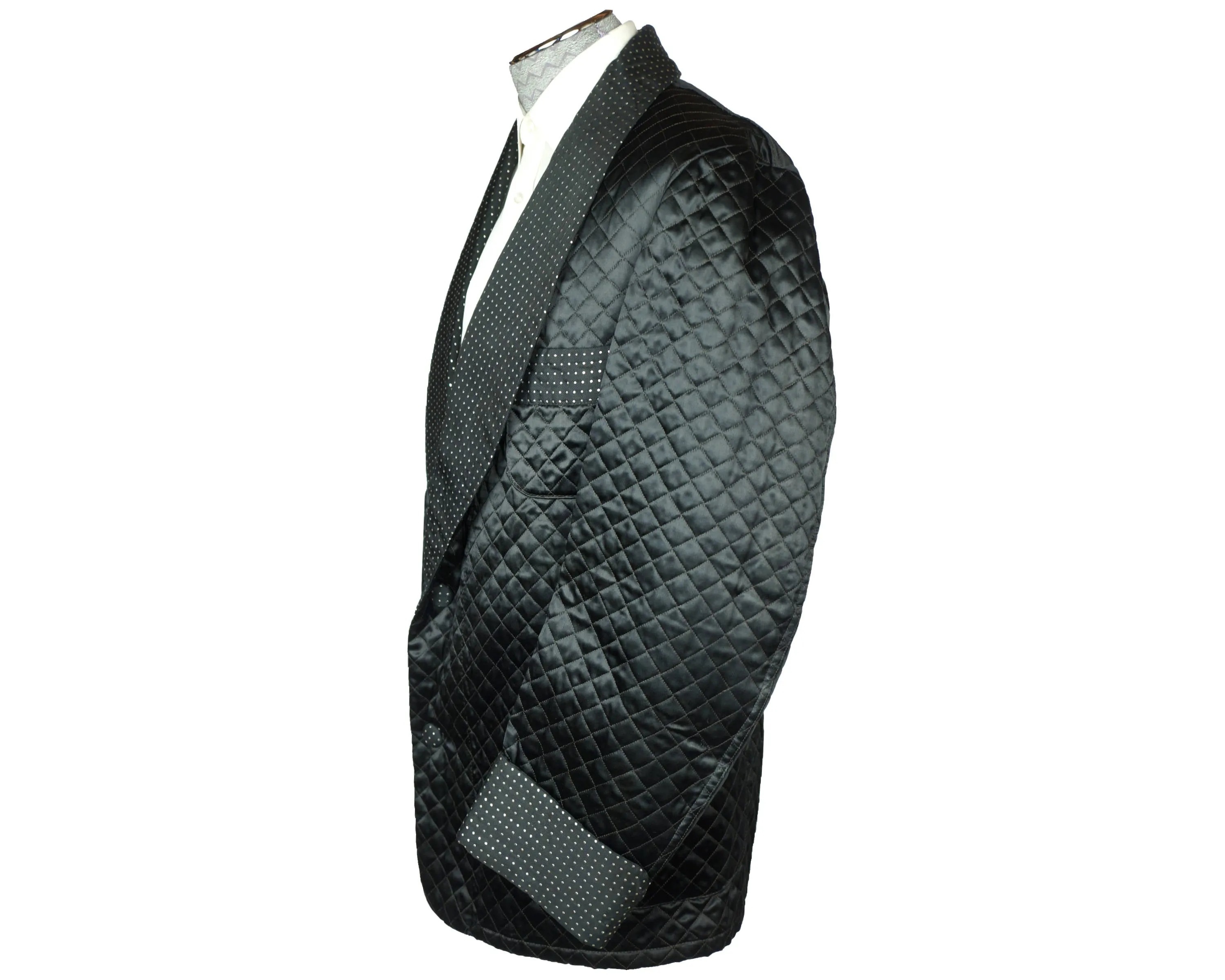 Vintage Smoking Jacket 1950s Black Satin Quilted Mens Size L