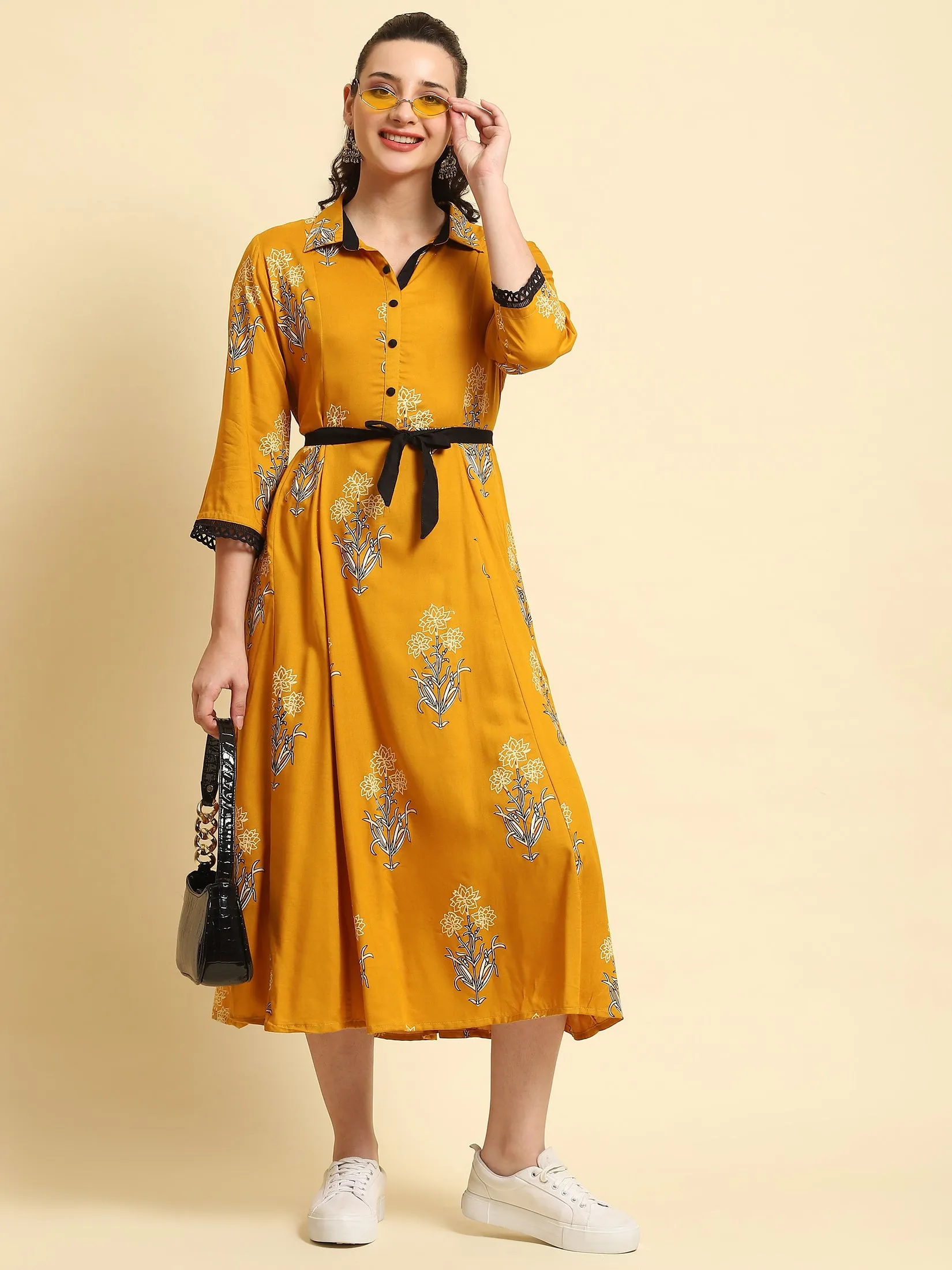 Women Mustard Printed Dress